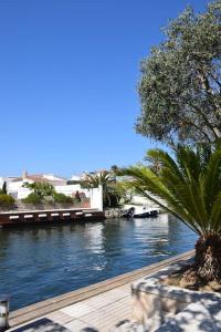 vistas a un río con palmeras y edificios en 'Casa Empuria' aan kanaal met zwembad en aanlegsteiger, en Empuriabrava