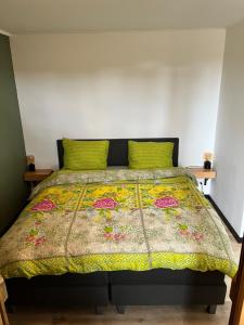 a bedroom with a bed with a colorful bedspread at B&B de Danser in Klaaswaal