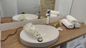 a bathroom with a sink and a mirror at Apartmány Blatec in Blatec