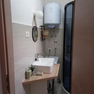 a bathroom with a white sink and a mirror at Kuća za odmor Skalina - Sea view in Splitska +31 photos