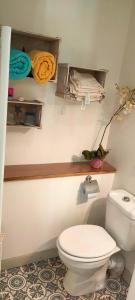 ein Bad mit einem weißen WC in einem Zimmer in der Unterkunft Le Gite de Lili in Acquigny