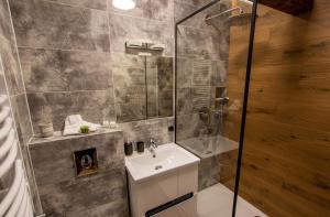 łazienka z umywalką i prysznicem w obiekcie Szymborska Apartamenty Mostowa 18-2 w Toruniu