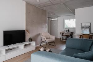 sala de estar con TV y sofá en CLOUD N°7 STUDIOS en Tübingen