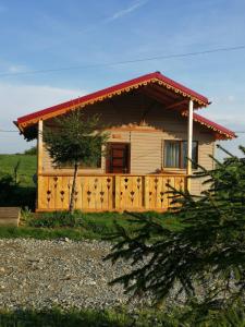 una pequeña casa de madera con techo rojo en Cabana de lemn Runcu Stone, en Runcu