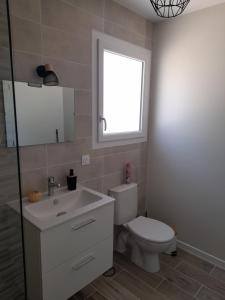 a bathroom with a toilet and a sink and a window at Le Logis de Bonne Anse in Les Mathes