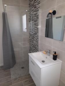 a bathroom with a white sink and a shower at Le Logis de Bonne Anse in Les Mathes