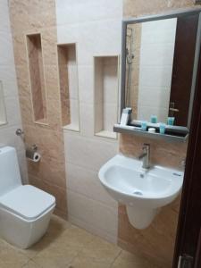 a bathroom with a sink and a toilet and a mirror at ريلاكس ان للشقق الفندقية relax inn in Muscat