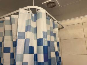 een douche met een blauw en wit douchegordijn bij Anna Bed & Breakfast in Kallaste +35 foto's