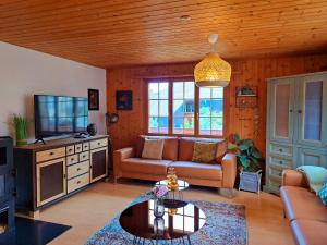 a living room with a couch and a tv at Sawasdee Swiss Chalet Wilderswil in Wilderswil