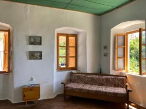 Shotgun Hostel في Vuno: غرفة معيشة مع أريكة ونوافذ