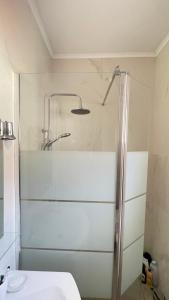 a bathroom with a shower and a sink at Albina's luxury Villa 3 bedroom in Hanioti