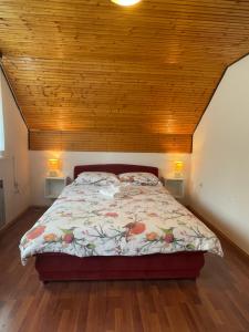 Un dormitorio con una cama con techo de madera. en Apartment Plavo oko, en Smoljanac