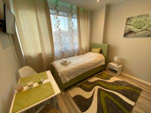 a small bedroom with a bed and a window at Business Appartement Mainz in Mainz