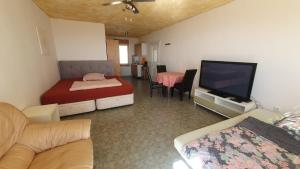 a living room with a bed and a tv and a couch at Finca Esperanza Costa del Sol in Sayalonga