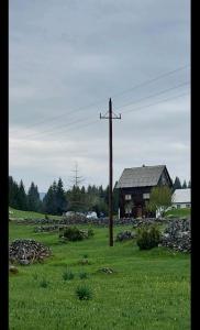 a pole in the middle of a field with a house at Village house Popovic in Žabljak