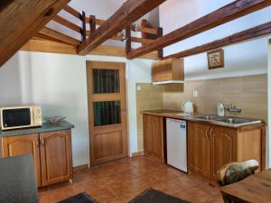 a kitchen with wooden cabinets and a sink and a microwave at Apartmány Krásné zátiší in Krásno