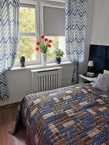 a bedroom with a bed and a window at Apartament Woda Morska in Ustka