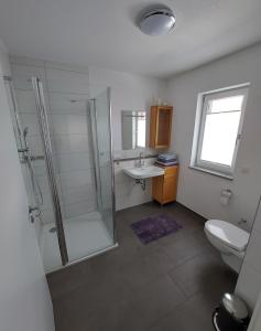 een badkamer met een douche, een wastafel en een toilet bij Ferienwohnung Waldblick in Abenberg