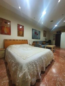 1 dormitorio con 1 cama grande y sala de estar en Ezore Yam Apartmens - Elmali'akh St. 4, en Bat Yam
