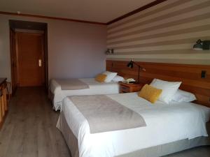 una habitación de hotel con 2 camas y una lámpara en Hotel Puelche, en Puerto Varas