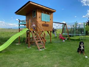 una zona de juegos para niños con una casa en el árbol en Villa Slnecnica, en Nová Lesná