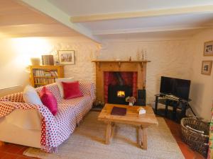 a living room with a couch and a fireplace at Bwthyn Gynon in Goodwick