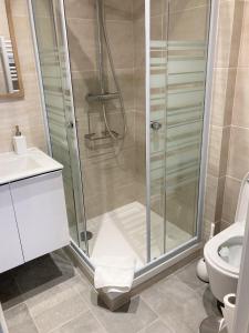 a bathroom with a shower and a toilet at Résidence Oceanica in Bourbonne-les-Bains
