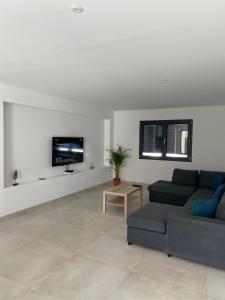 ein Wohnzimmer mit einem Sofa und einem TV an der Wand in der Unterkunft Villa St Julien 10 mn de Dijon in Saint-Julien