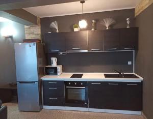 een keuken met een koelkast en een wastafel bij Central Residence in Constanţa
