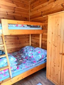 1 dormitorio con litera en una cabaña de madera en Domki Letniskowe Paula en Darłowo