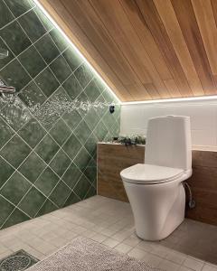 a bathroom with a toilet and a green tiled wall at Eleonora Bed & Breakfast in Kristiinankaupunki