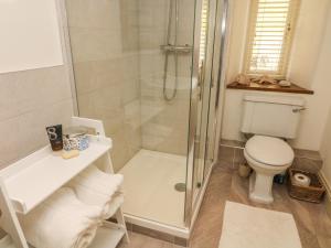 a bathroom with a shower and a toilet at Litton Hall Barn Cottage in Skipton +20 photos
