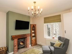 a living room with a fireplace and a tv at 10 West Cottages in Oldham
