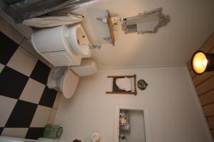 a bathroom with a toilet, sink, and mirror at Dalvík Hostel Gimli in Dalvík