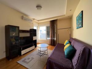 een woonkamer met een paarse bank en een tv bij Apartment SeaView in Bar