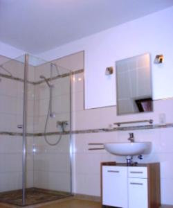 a bathroom with a sink and a shower and a mirror at Apartments Mester in Xanten