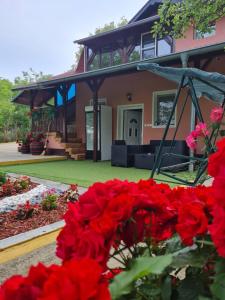 a house with red flowers in front of it at Apartmani Neven in Irig