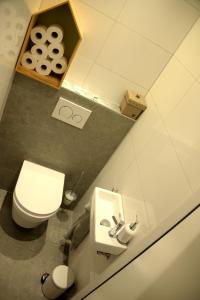 een kleine badkamer met een toilet en een wastafel bij Bed and Breakfast in de buurt in Waalwijk
