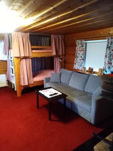 a living room with a couch and a bunk bed at Mysig stuga i Vasaloppsbyn Evertsberg in Älvdalen