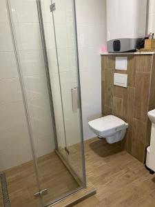 ein Bad mit einer Dusche und einem WC in der Unterkunft Apartmán SIESTA 2 in Podhájska