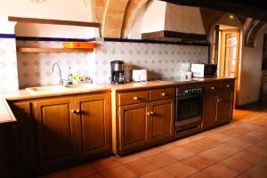 cocina con armarios de madera, fregadero y fogones en Mas Goy, casa rural con piscina, en Girona