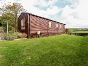 a small wooden cabin with a large grass yard at Orchard View in Tintagel