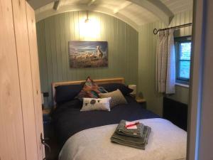 a bedroom with a bed in a room at Coldharbour Luxury Shepherds Hut with Hot Tub in Stone