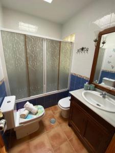 Un baño con lavabo, inodoro y espejo. en Apartamento Catalina San José, en San José