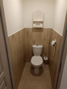 La petite salle de bains est pourvue de toilettes et de murs en bois. dans l'établissement Le LuMille, à Allenay