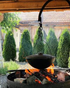 um wok pairando sobre um fogo em um quintal em Villa Lukash em Yanoshi
