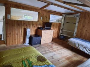 Schlafzimmer mit einem Bett, einem Schreibtisch und einem TV in der Unterkunft Gîte de la Nouasse in Québriac