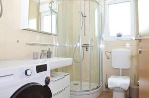 a bathroom with a shower and a sink and a toilet at Apartman RIO in Jajce +17 photos