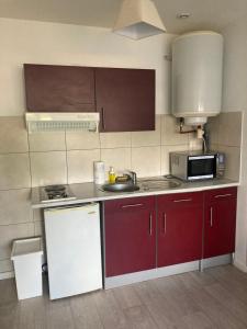 Kuchnia z czerwonymi szafkami, zlewem i kuchenką mikrofalową w obiekcie Studio tout équipé au calme w mieście Cappelle-la-Grande +9 zdjęć