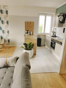 a living room with a couch and a kitchen at Marseille superbe appartement refait à neuf in Marseille